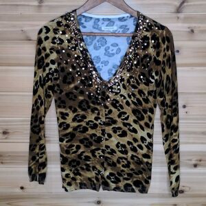 Boston Proper Embellished Leopard Print Cardigan size XXS